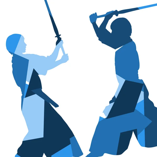 Activo japonés kendo espada artes marciales luchadores deporte silueta — Vector de stock