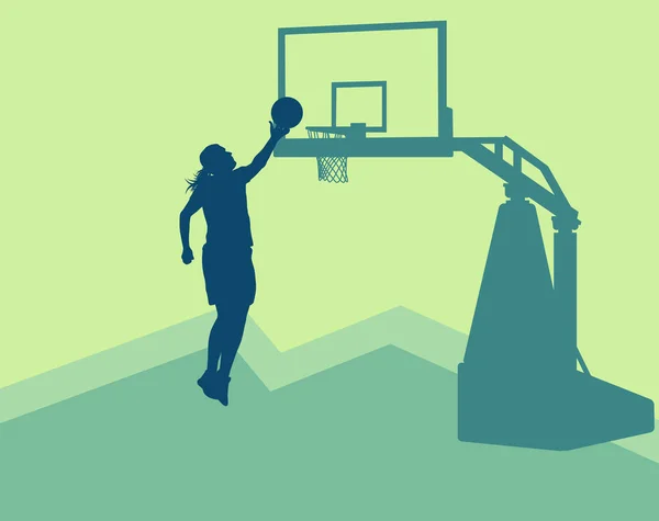 Baloncesto mujer juego en acción con el vector de aro de baloncesto — Archivo Imágenes Vectoriales