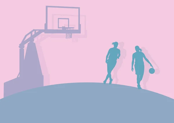 Baloncesto mujer juego en acción con el vector de aro de baloncesto — Archivo Imágenes Vectoriales