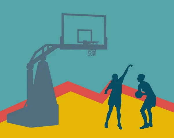 Παιχνίδι μπάσκετ γυναίκα σε δράση με μπάσκετ hoop διάνυσμα — Διανυσματικό Αρχείο