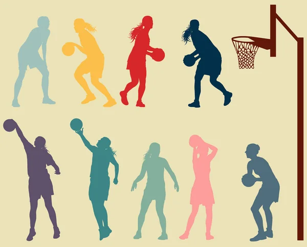 Basketball femme jeu en action avec basket-ball hoop vecteur — Image vectorielle