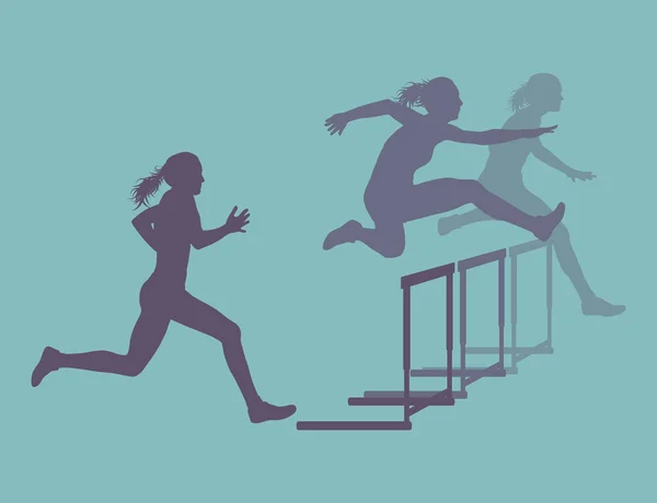 Obstáculo carrera mujer saltar por encima de obstáculo vector — Archivo Imágenes Vectoriales