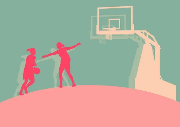 Basketbalwedstrijd van de vrouw in actie met basketbal hoepel vector — Stockvector