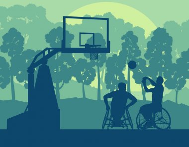 Tekerlekli sandalye basketbol adam oyun peyzaj ağaçları vect ile oynamak