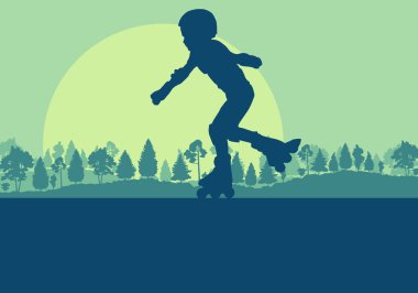 Satır içi skate park manzara orman ağaçları vektör ile çocukta