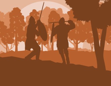Savaşçı ortaçağ savaş düello Orman ağaçları vektör manzara