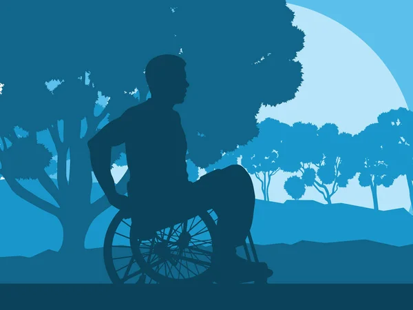 Αναπηρικό αμαξίδιο άνθρωπος στο Πάρκο-δάσος τοπίο με δέντρα διάνυσμα — Διανυσματικό Αρχείο