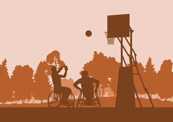 Rullstolsbasket man spelar spelet landskap med träd vect — Stock vektor