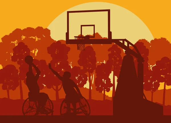 Καλαθοσφαίριση αναπηρικών καρεκλών άνθρωπος παίζει παιχνίδι τοπίο με δέντρα vect — Διανυσματικό Αρχείο