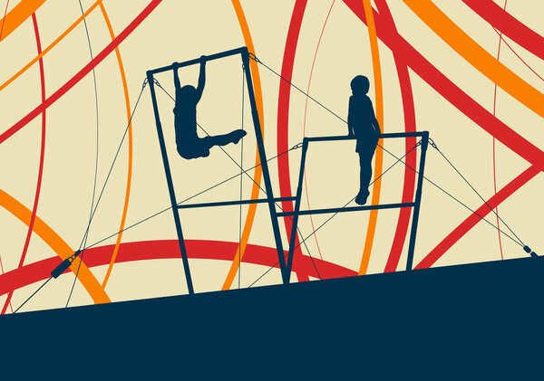 Athlete gymnast exercises on professional gymnastic uneven bars 