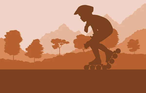Enfant patineur à roues alignées dans le paysage du parc avec vecteur d'arbres forestiers — Image vectorielle