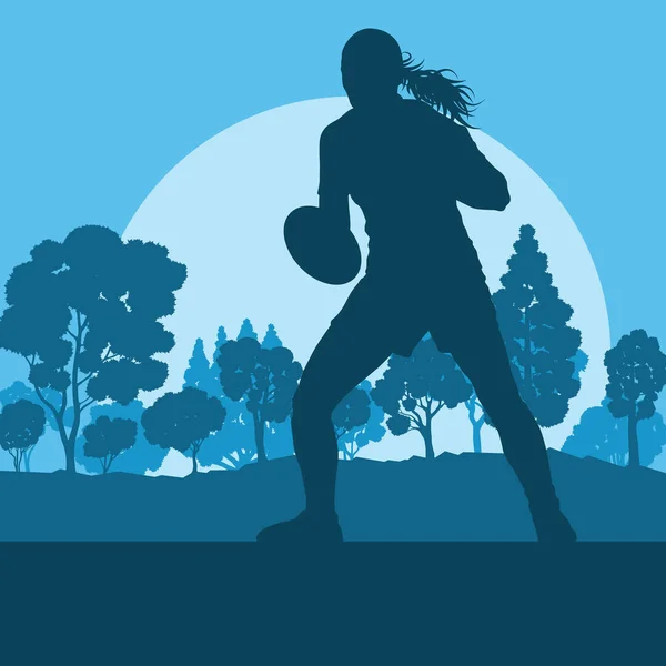 Rugby mulher jogador vetor fundo paisagem com árvores florestais —  Vetores de Stock