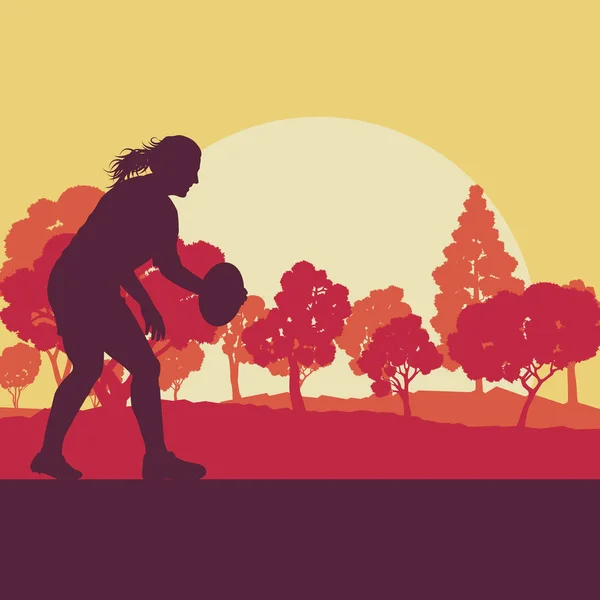 Rugby mujer jugador vector fondo paisaje con árboles forestales — Archivo Imágenes Vectoriales