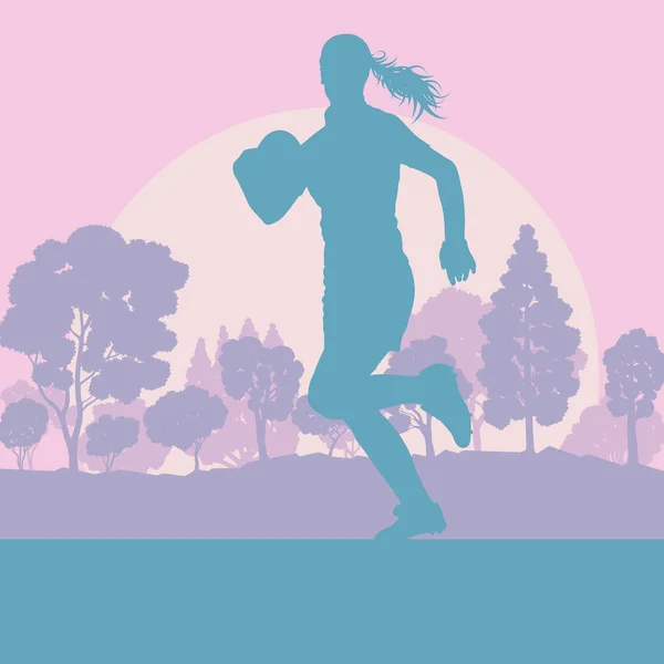 Rugby vrouw speler vector achtergrond landschap met bos bomen — Stockvector