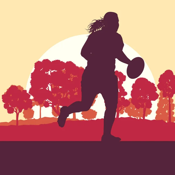 Ράγκμπι γυναίκα παίκτη διάνυσμα φόντο τοπίο με δασικά δέντρα — Διανυσματικό Αρχείο