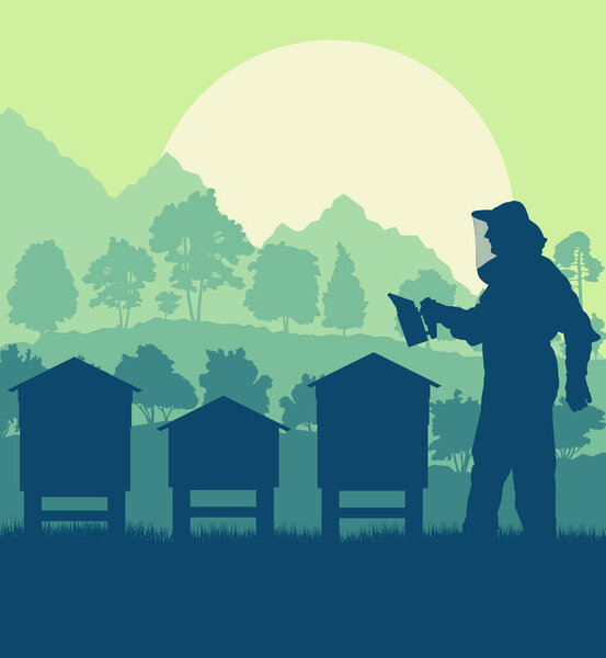 Beekeepers working with bees and hives vector background landsca