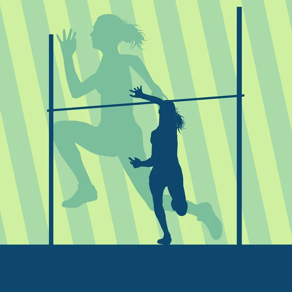 Alto salto activo mujer atleta en movimiento deporte silueta vector — Vector de stock