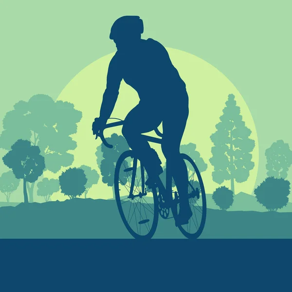 Bisiklet adam spor vektör arka plan manzara ağaçlar ile — Stok Vektör