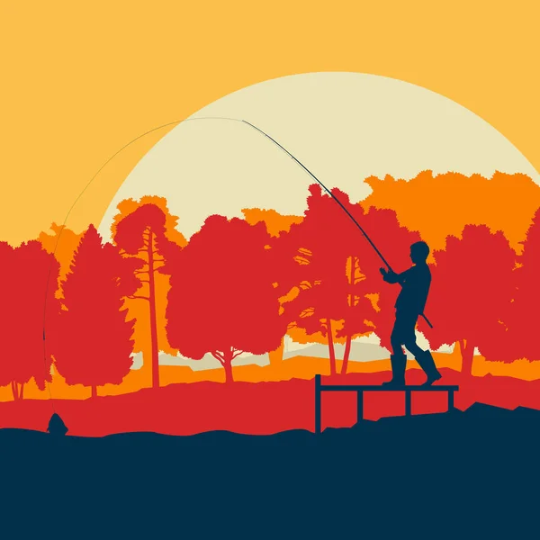 Рыбак возле пруда и векторного ландшафта деревьев — стоковый вектор