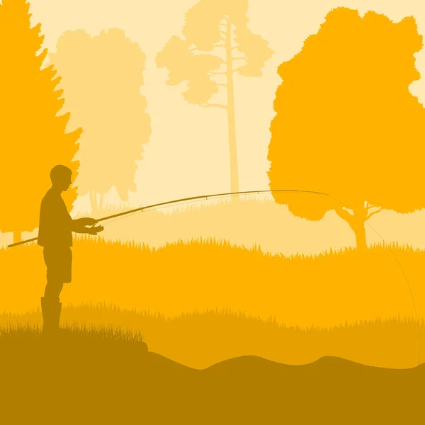 Fisherman near pond and trees vector landscape background — Stock Vector