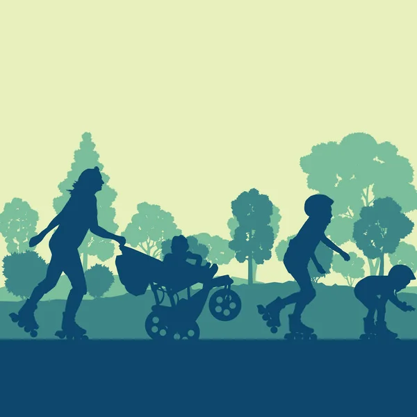 Familie skeeleren in park vector achtergrond landschap — Stockvector