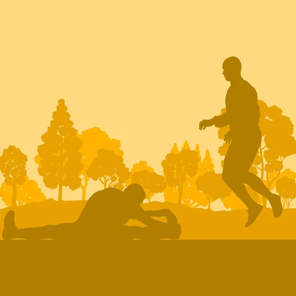 Échauffement exercice homme dans parc vecteur arrière-plan paysage — Image vectorielle
