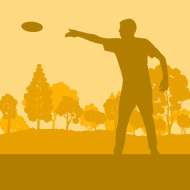 Uçan disk atmak oyun adam ağaçlar vektör ile parkta oynarken