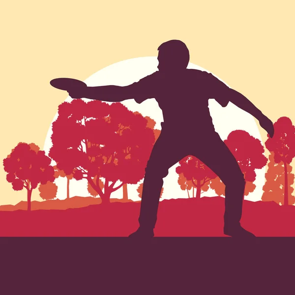 Fliegende Scheibe werfen Spiel Mann spielt in Park mit Bäumen Vektor — Stockvektor