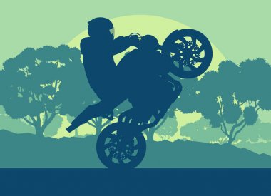 Ağaçlar ile motosiklet dublör sürücü vektör arka plan