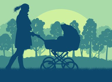 Mother with baby cart in park walking vector clipart