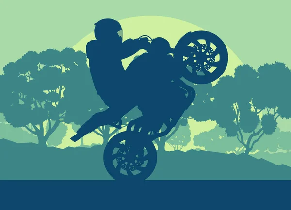 Motocicleta stunt driver vector fondo con árboles — Archivo Imágenes Vectoriales