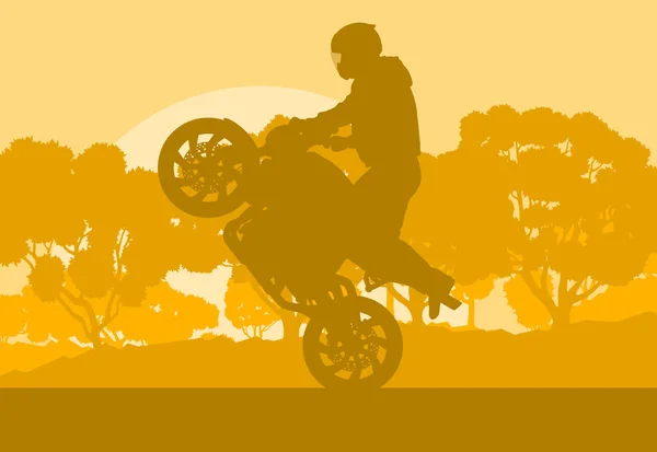 Мотоцикл трюк водителя векторный фон с деревьями — стоковый вектор