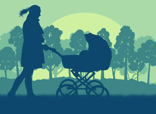 Mãe com carrinho de bebê no parque vetor de caminhada — Vetor de Stock