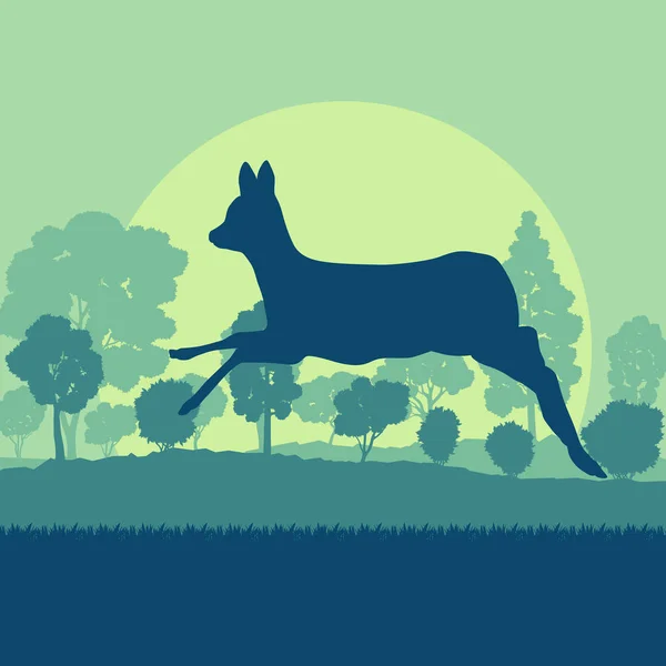 Roe deer in forest field with sunset and trees vector background — Stock Vector