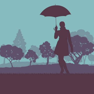 Şemsiye ve ceket sonbahar ağaç günbatımı manzara vektör kadınla