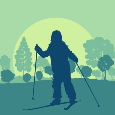 Kayak orman vektör arka plan manzara sunse ile çocuklarda