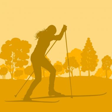 Orman vektör arka plan manzara içinde Kayak kadın