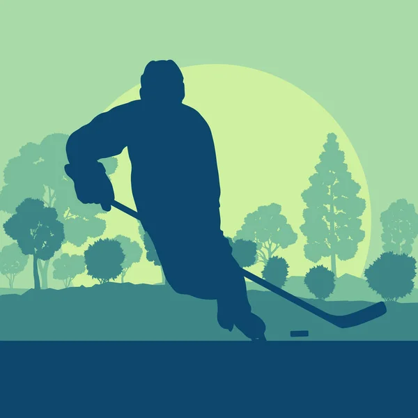 Hockey player on ice lake with stick landscape with snow trees v — Stock Vector