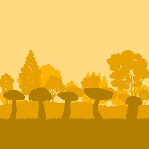 Mushroom forest field landscape vector background with sunset — Stock Vector