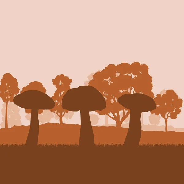 Hongos bosque campo paisaje vector fondo con puesta de sol — Archivo Imágenes Vectoriales