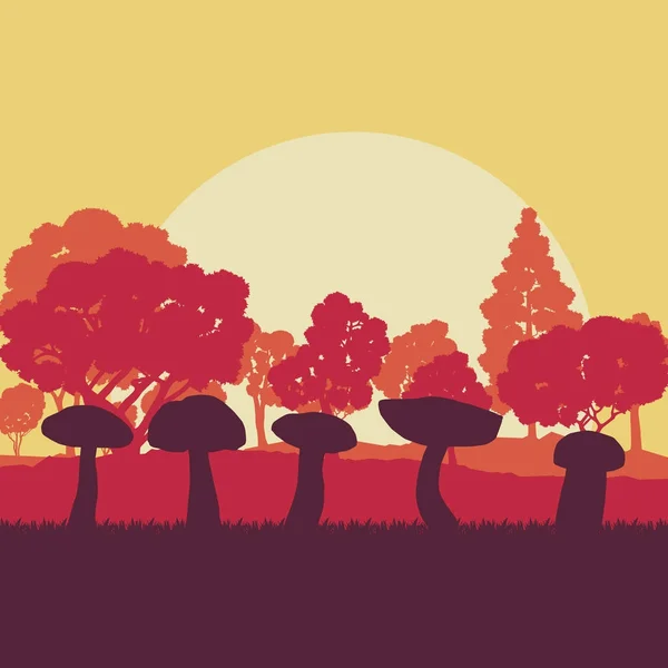 Гриб лісове поле пейзаж векторний фон з заходом сонця — стоковий вектор