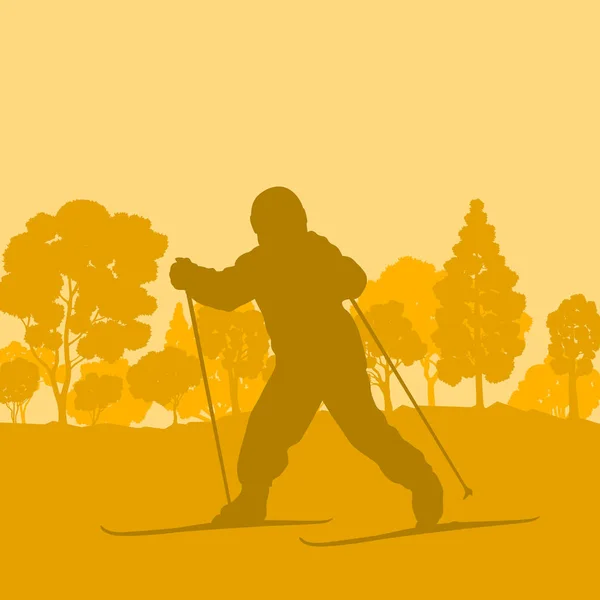 Esquiar a los niños en el paisaje de fondo vector forestal con sol — Archivo Imágenes Vectoriales