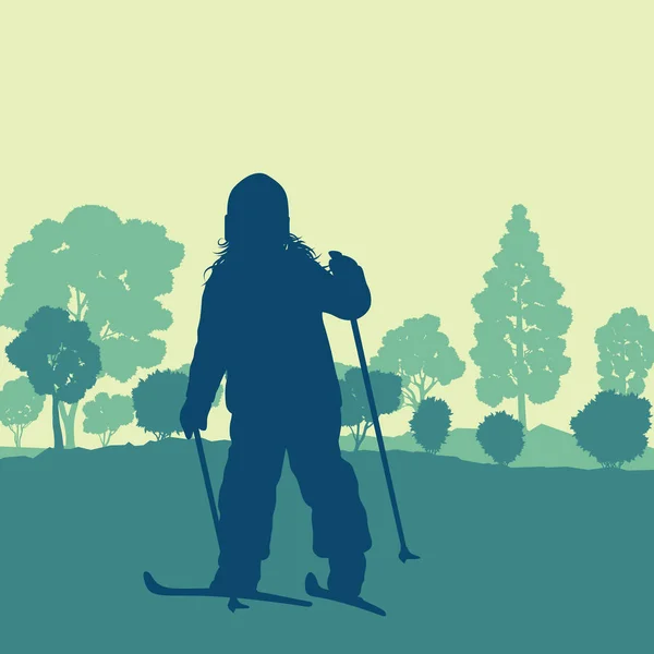 Esquiar a los niños en el paisaje de fondo vector forestal con sol — Vector de stock