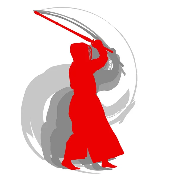 Kendo Kämpfer rote Silhouette mit Shinai isoliert auf weißem Rücken — Stockvektor