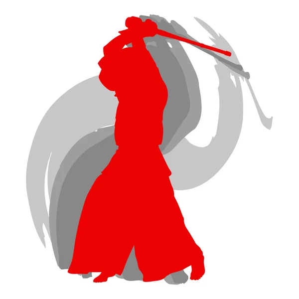 Kendo combattant silhouette rouge avec shinai isolé sur fond blanc — Image vectorielle