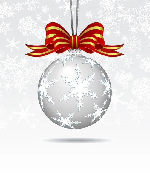 Natal Bauble em um cartão de fundo floco de neve — Vetor de Stock