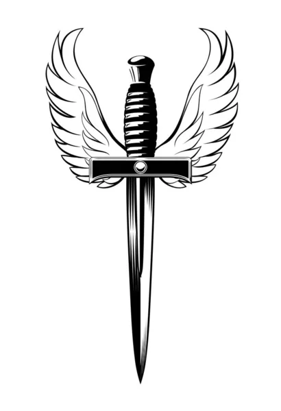 Winged Dagger, black and white illustration of a dagger with wings — Stock Vector