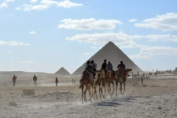 Giza Egypt November 2018 Verschillende Mensen Kamelen Rijden Naast Piramides — Stockfoto