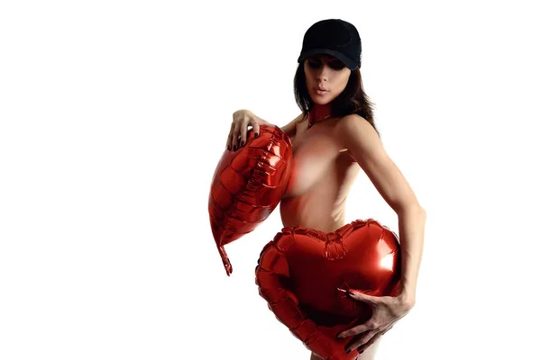 Flicka Vit Bakgrund Som Täcker Privata Delarna Med Ballonger Form — Stockfoto