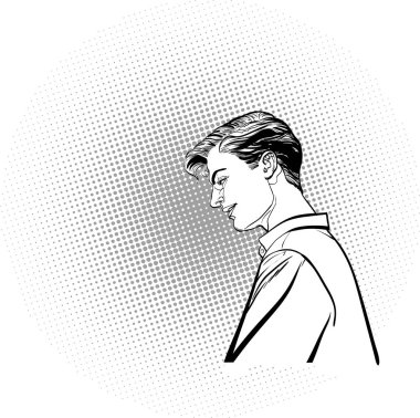 Romantik sözler. Yumuşak konuşan adam. Romantik Sevgililer günü illüstrasyon. Sevgililer günün kutlu olsun. Reklam ve promosyon kavramı fikri. Noktalı resim arka plan. Pop art retro tarzı illüstrasyon.